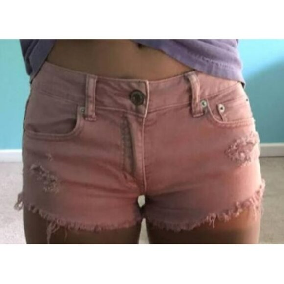 American Eagle Womens Stretch Denim Jean Shorts Sz 2 Mid Rise Distressed Pink - Picture 2 of 5